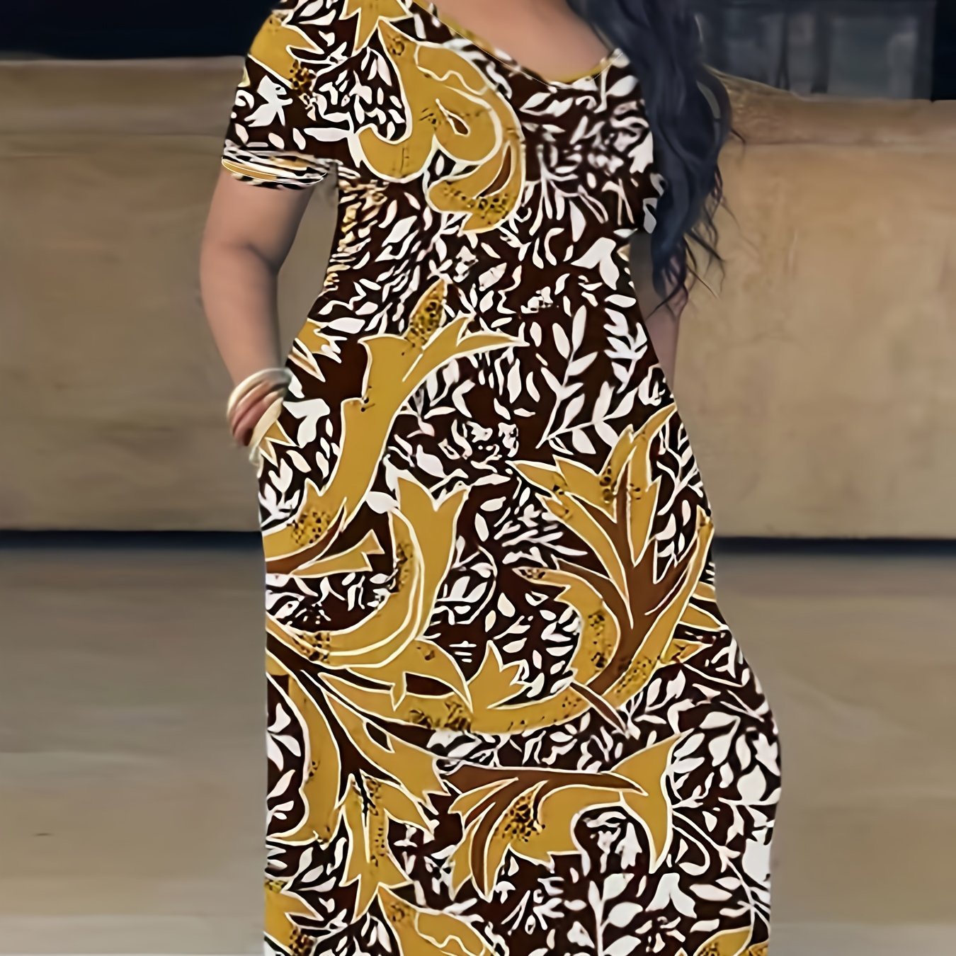 Elegant Plus Size Tie Dye Print Maxi Dress - Short Sleeve with Pocket - Medium Stretch Long Dress for Women