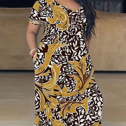 Elegant Plus Size Tie Dye Print Maxi Dress - Short Sleeve with Pocket - Medium Stretch Long Dress for Women