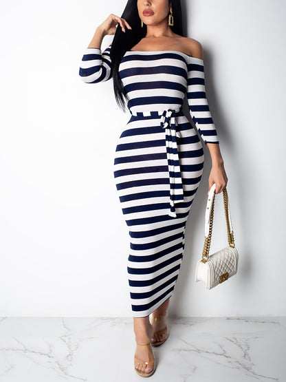 Off Shoulder Striped Dress, Stretchy Long Sleeve Dress, Casual Every Day Dress, Women's Clothing