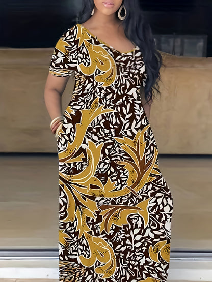Elegant Plus Size Tie Dye Print Maxi Dress - Short Sleeve with Pocket - Medium Stretch Long Dress for Women