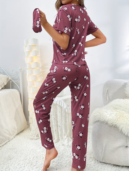 Luxurious Floral Print Pajama Set - Soft & Loose Fit for Women - Short Sleeve Tee & Pants - Comfy Sleepwear & Loungewear for Effortless Style