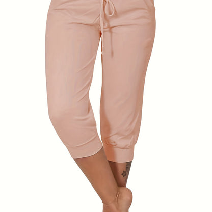 Womens Solid Elastic Capri Pants - Comfortable Casual Style - Cropped Everyday Wear for Effortless Fashion