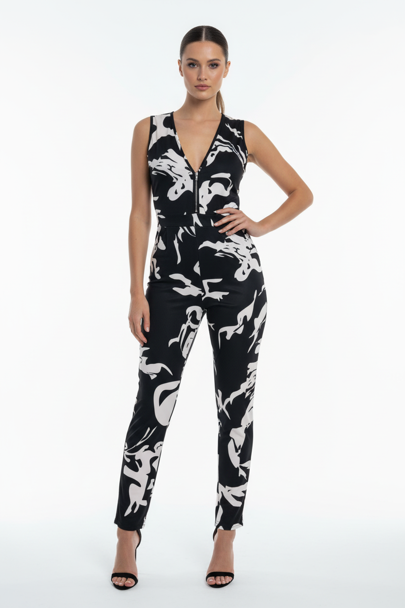 Black and white abstract print sleeveless jumpsuit size small